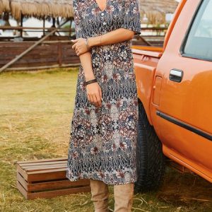 Ethnic V Neck Ethnic Dress, Dresses, color:Coffee|size:XXL, JustFashionNow