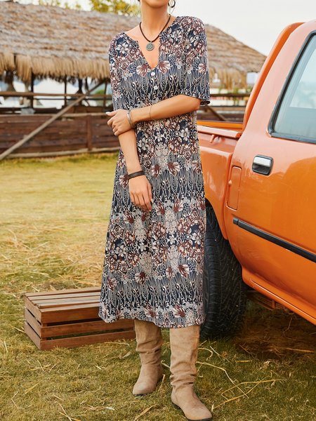 Ethnic V Neck Ethnic Dress, Dresses, color:Coffee|size:XXL, JustFashionNow