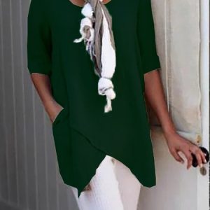 JFN Cotton & Linen Crew Neck Half Sleeve Solid Shirt & Blouses, Shirts & Blouses, color:Army Green|size:XXL, JustFashionNow