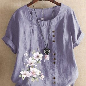Women Casual Crew Neck Floral Button Short Sleeve Linen Top, Blouses & Shirts, Roselinlin - Online Catalog