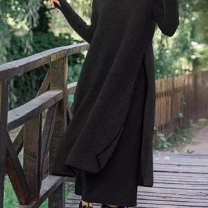 Loose Casual Slit Maxi Sweater Dress, Dresses, color:Black|size:5XL, JustFashionNow