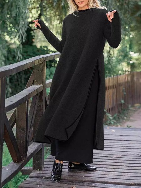 Loose Casual Slit Maxi Sweater Dress, Dresses, color:Black|size:5XL, JustFashionNow