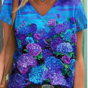 JFN V Neck Floral Vacation T-Shirt/Tee, T-Shirts, color:Blue|size:XXL, JustFashionNow