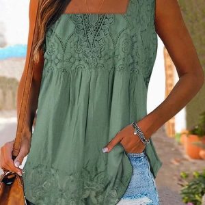 Casual Plain V Neck Lace Tank Top, Tanks & Camis, color:Green|size:XXL, JustFashionNow