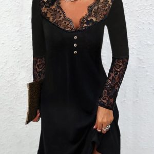 Elegant V Neck Lace Regular Fit Dress, Dresses, color:Black|size:XXL, JustFashionNow