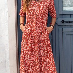 Ditsy Floral Printed Crew Neck Pockets Short Sleeve Casual Midi Shirt Dress, Floral Dresses, color:Red|size:XXL, JustFashionNow