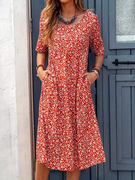 Ditsy Floral Printed Crew Neck Pockets Short Sleeve Casual Midi Shirt Dress, Floral Dresses, color:Red|size:XXL, JustFashionNow