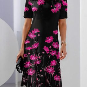 Elegant Cotton-Blend Floral Loose Dress, Dresses, color:Black|size:XXL, JustFashionNow