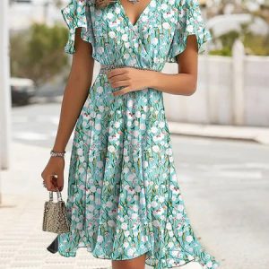 Ruffled Sleeves V Neck Elegant Floral Dress, Dresses, color:Green|size:XXL, JustFashionNow