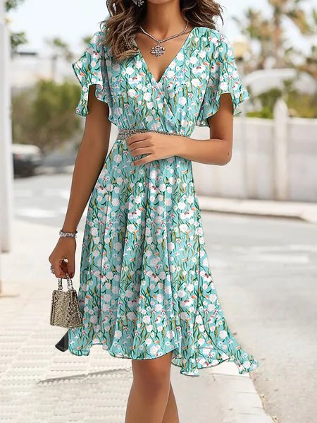 Ruffled Sleeves V Neck Elegant Floral Dress, Dresses, color:Green|size:XXL, JustFashionNow