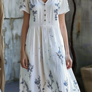 Casual Regular Fit V Neck Floral Dress, Dresses, color:White|size:XXL, JustFashionNow