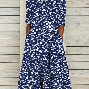 Ditsy Floral JFN Round Neck Casual Midi Dress, Dresses, color:Blue|size:XXL, JustFashionNow