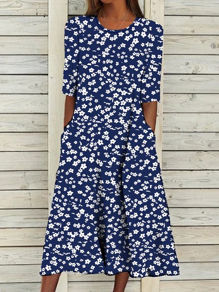 Ditsy Floral JFN Round Neck Casual Midi Dress, Dresses, color:Blue|size:XXL, JustFashionNow