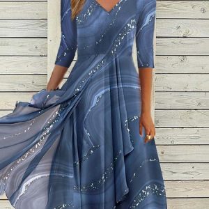 JFN V Neck Casual Asymmetric Geometric Ombre Midi Prom Dress, Formal Dresses, color:Blue|size:XXL, JustFashionNow