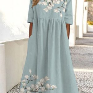 Floral Casual Loose Crew Neck Dress With No, Dresses, color:Light Blue|size:XXL, JustFashionNow