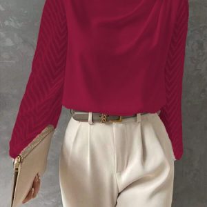Long Sleeve Plain Regular Micro-Elasticity Loose Blouse For Women, Shirts, color:Red|size:XXL, catalog Noracora shop