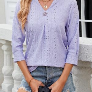 Knitted Loose V Neck Casual T-Shirt, T-Shirts, color:Purple|size:XXL, JustFashionNow