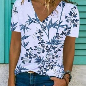 JFN V Neck Floral Casual T-Shirt/Tee, T-Shirts, color:Blue|size:XXL, JustFashionNow