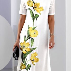 Crew Neck Elegant Floral Dress, Dresses, color:White|size:XXL, JustFashionNow