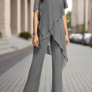 Chiffon V Neck Loose Elegant Two-Piece Set, Suit Set, color:Gray|size:XXL, JustFashionNow
