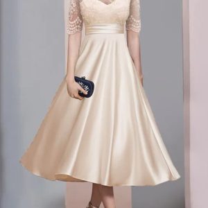 Mother of the groom/bride Boat Neck Satin Lace Elegant Dress, JustFashionNow Formal Dresses, color:Apricot|size:XXL,