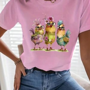 Casual Cartoon Crew Neck Short Sleeve T-shirt, T-shirts, color:Pink|size:XXL, catalog Noracora shop