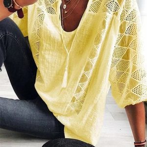 Summer V-neck Lace Cotton Linen Shirt, Blouses & Shirts, Roselinlin - Online Catalog