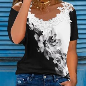 JFN V Neck Lace Casual Floral Print Colorblock Contrast Cold Shoulder Top, Shirts & Blouses, color:Black|size:XXL, JustFashionNow