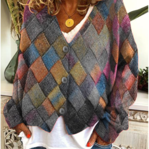 Plus size Geometric Long Sleeve Sweater coat, Sweaters, color:Gray|size:XXL, JustFashionNow