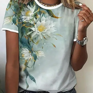 Floral Casual Crew Neck T-Shirt, T-Shirts, color:Green|size:XXL, JustFashionNow