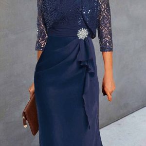 Women's Plain Party Going Out Two Piece Set Three Quarter Sleeve Elegant Spring/Fall Coat With Skirt Matching Set, JustFashionNow Suit Set, color:Dark Blue|size:XXL,