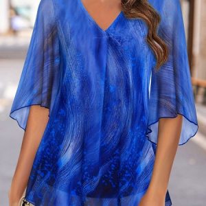 Gradient Pattern Simple Chiffon Flare Sleeve V Neck Shirt, Shirts & Blouses, color:Blue|size:XXL, JustFashionNow