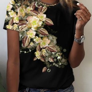 Casual Loose Floral Cotton-Blend T-Shirt, T-Shirts, color:Yellow|size:XXL, JustFashionNow