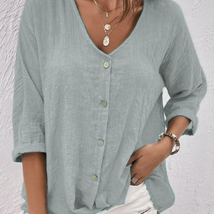 JFN Cotton & Linen V Neck CottonPlain Blouse, Shirts & Blouses, color:Gray|size:XXL, JustFashionNow