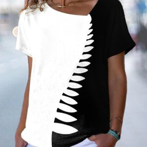 JFN Asymmetrical Neck White Black Color Block Feathers Vacation T-shirt/Tee, T-Shirts, color:Black-white|size:3XL, JustFashionNow