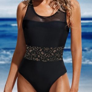 Sexy Plain Lace Scoop Neck One-Piece, swimwear>>Tankinis, color:Black|size:XXL, JustFashionNow
