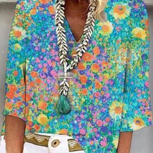 V Neck Vacation Floral Loose Shirt, Shirts, color:Blue|size:XXL, catalog Noracora shop