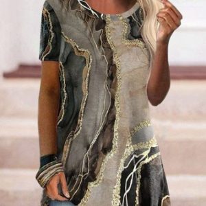 JFN Round Neck Marbling Casual Tunic T-Shirt, T-Shirts, color:Coffee|size:XXL, JustFashionNow