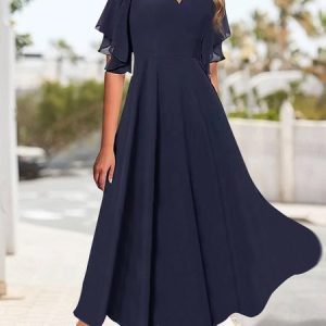 V Neck Regular Fit Ruffled Sleeves Elegant Plain Dress, JustFashionNow Dresses, color:Dark Blue|size:XXL,