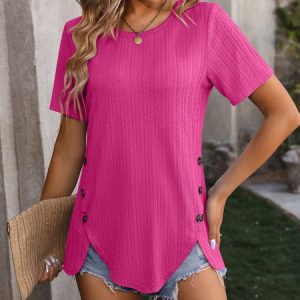 Plain Casual Crew Neck Loose T-Shirt, T-Shirts, color:Deep Pink|size:XXL, JustFashionNow