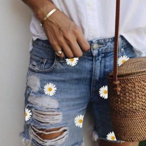 Light Blue Denim Patchwork Printed Casual Denim shorts, Shorts, color:Light Blue|size:3XL, JustFashionNow