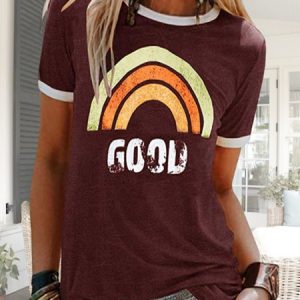 Casual Simple Loose Print T-Shirt, T-Shirts, color:RED WINE|size:XXL, JustFashionNow