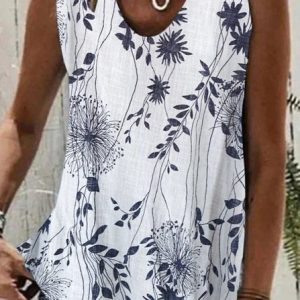 Casual Floral Crew Neck Tank Top, Tanks & Camis, color:White|size:XXL, JustFashionNow