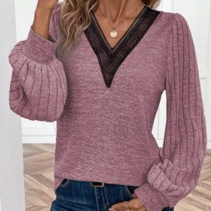 Lace Casual V Neck Loose Blouse, JustFashionNow Blouses, color:Pink|size:XXL,