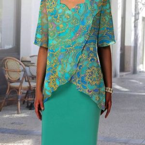 Floral Elegant Crew Neck Cross Dress, Dresses, color:Green|size:XXL, JustFashionNow