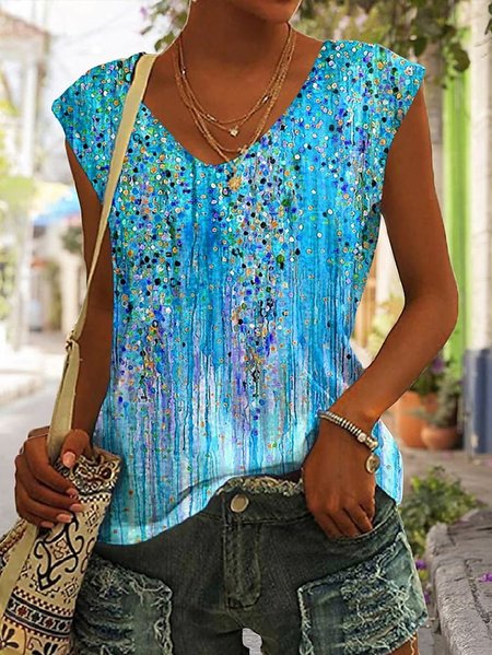 V Neck Casual Floral Knitted Tank Top, JustFashionNow Tanks & Camis, color:Blue|size:XXL,