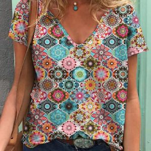 Casual V Neck Regular Fit Short Sleeve T-Shirt, T-Shirts, color:Multicolor|size:XXL, JustFashionNow