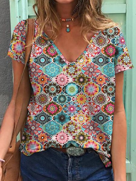 Casual V Neck Regular Fit Short Sleeve T-Shirt, T-Shirts, color:Multicolor|size:XXL, JustFashionNow