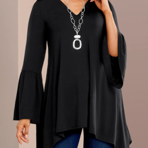 V Neck Loose Simple Plain Tops, Shirts & Blouses, color:Black|size:XXL, JustFashionNow