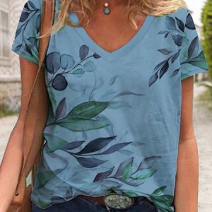 JFN V Neck Floral Leaves Casual Resort Loose Knit T-Shirt/Tee, T-Shirts, color:Blue|size:XXL, JustFashionNow